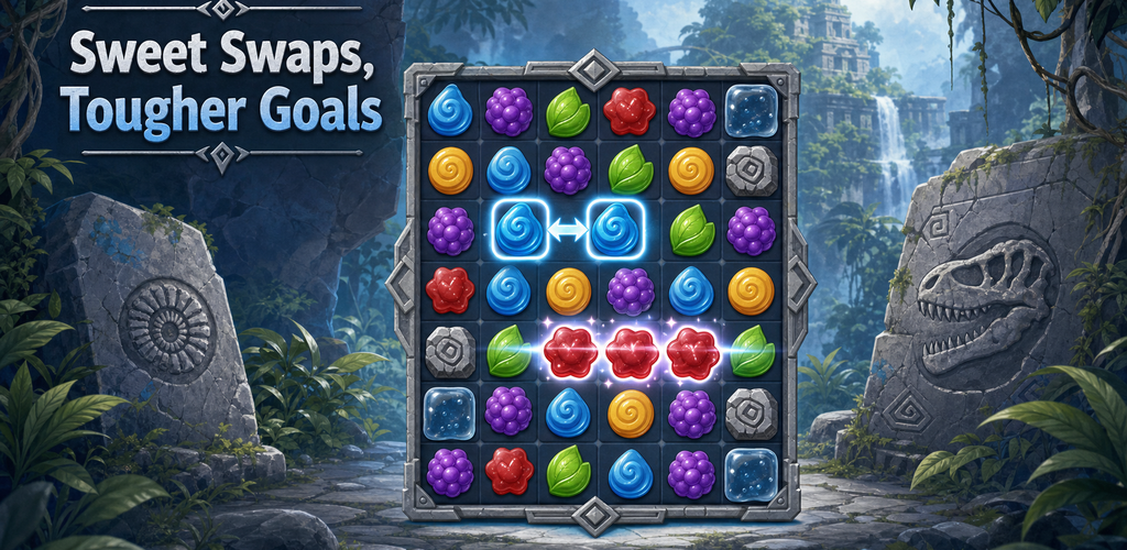 Candy and jelly tiles set against silver stone and deep blue rainforest shadows